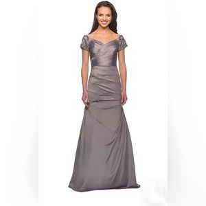 La Femme Off the Shoulder Beaded Satin Trumpet Gown